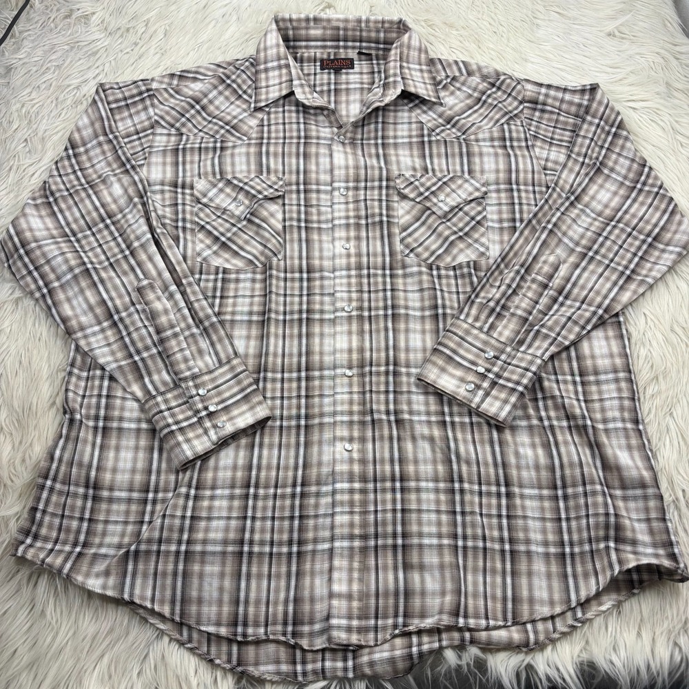 Plains Western Wear Men's XL Plaid Pearl Snap Shirt Cowboy Stage Coach Gray